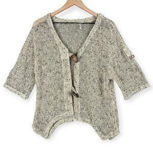Lulu B V-Neck Open Knit Cardigan Women’s M Beige Sheer Big Button Boho Beach